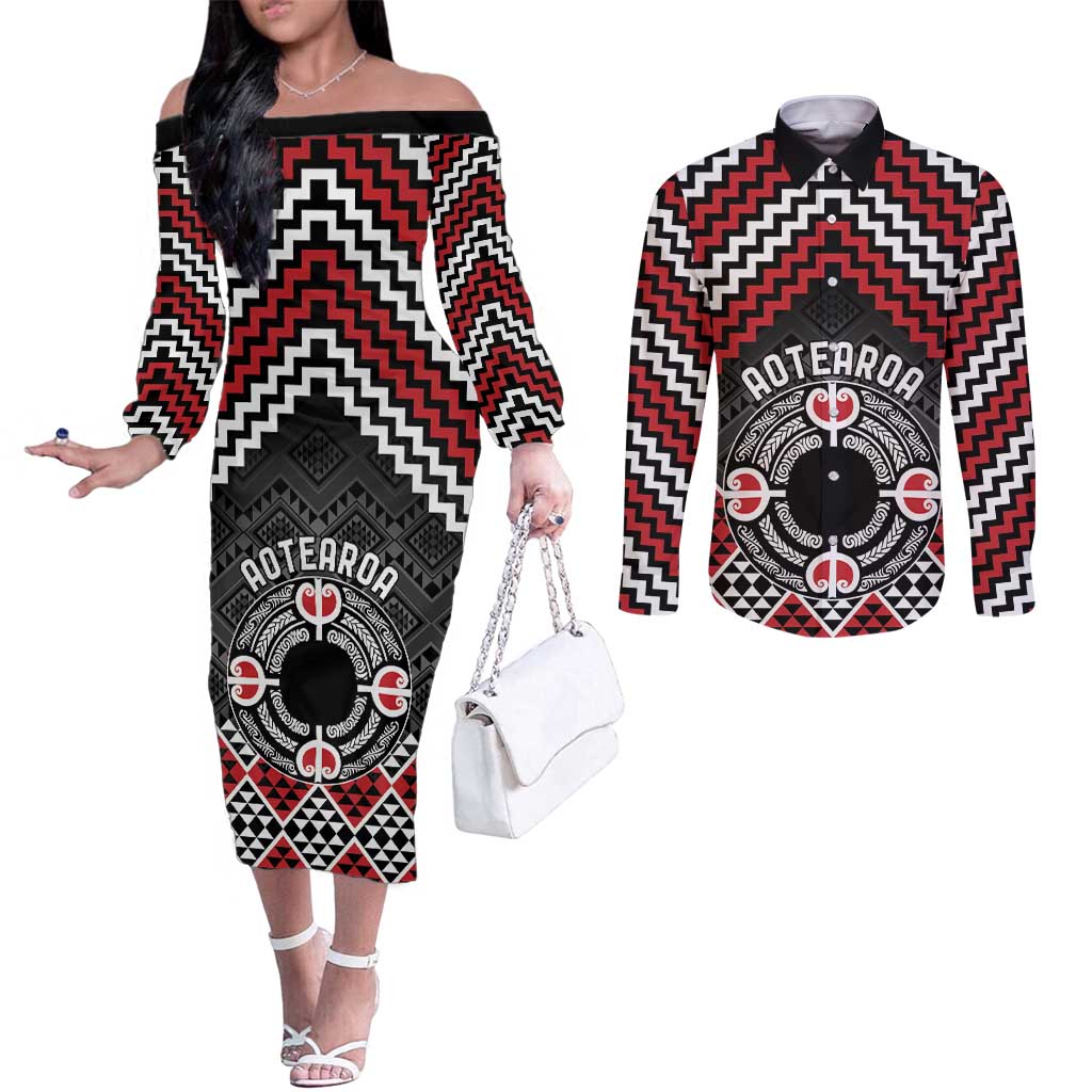 Personalised Aotearoa Niho Taniwha Motif Couples Matching Off The Shoulder Long Sleeve Dress and Long Sleeve Button Shirt Red Style LT9 Red - Polynesian Pride