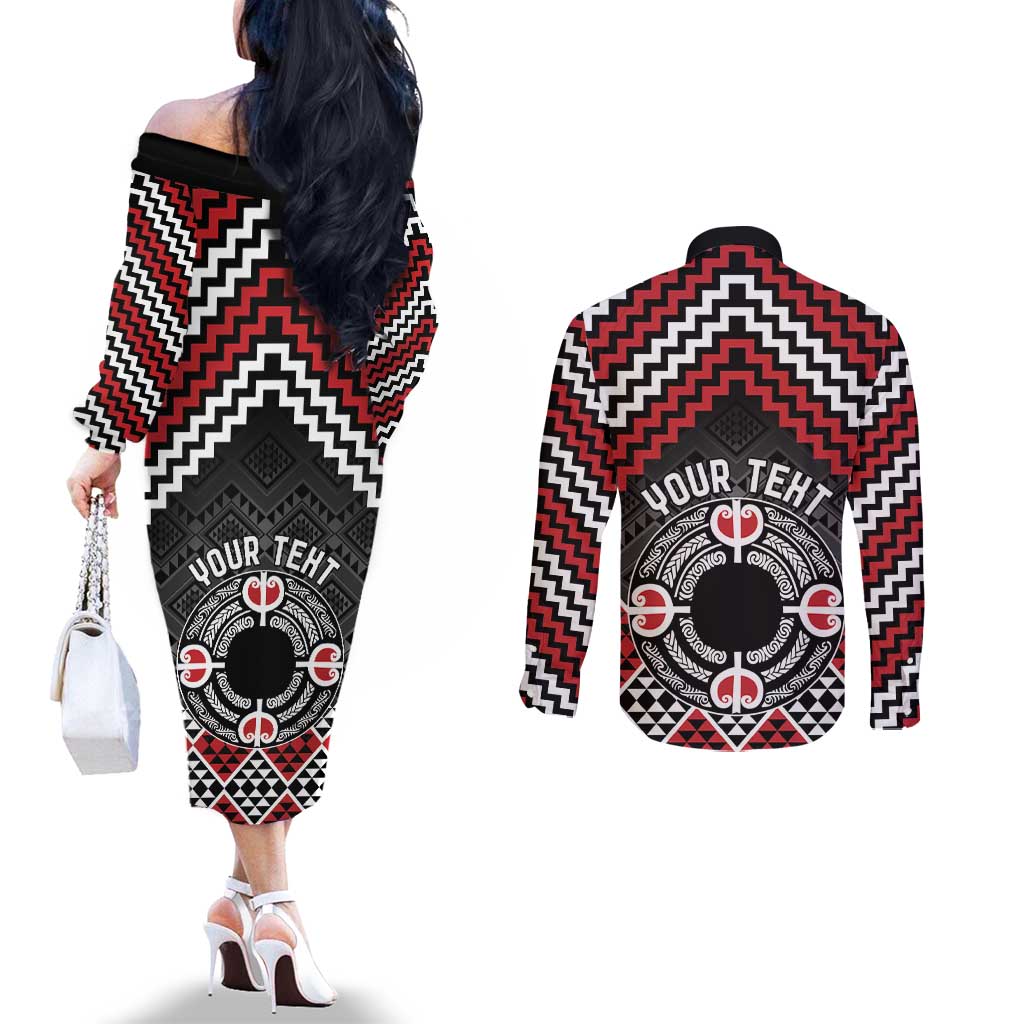 Personalised Aotearoa Niho Taniwha Motif Couples Matching Off The Shoulder Long Sleeve Dress and Long Sleeve Button Shirt Red Style LT9 - Polynesian Pride
