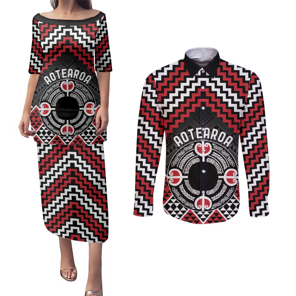 Personalised Aotearoa Niho Taniwha Motif Couples Matching Puletasi and Long Sleeve Button Shirt Red Style LT9 Red - Polynesian Pride