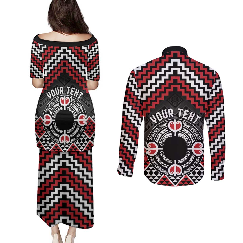 Personalised Aotearoa Niho Taniwha Motif Couples Matching Puletasi and Long Sleeve Button Shirt Red Style