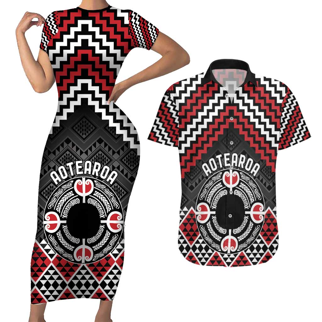 Personalised Aotearoa Niho Taniwha Motif Couples Matching Short Sleeve Bodycon Dress and Hawaiian Shirt Red Style LT9 Red - Polynesian Pride