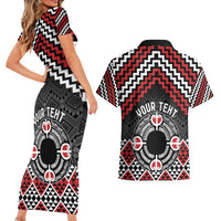 Personalised Aotearoa Niho Taniwha Motif Couples Matching Short Sleeve Bodycon Dress and Hawaiian Shirt Red Style LT9 - Polynesian Pride