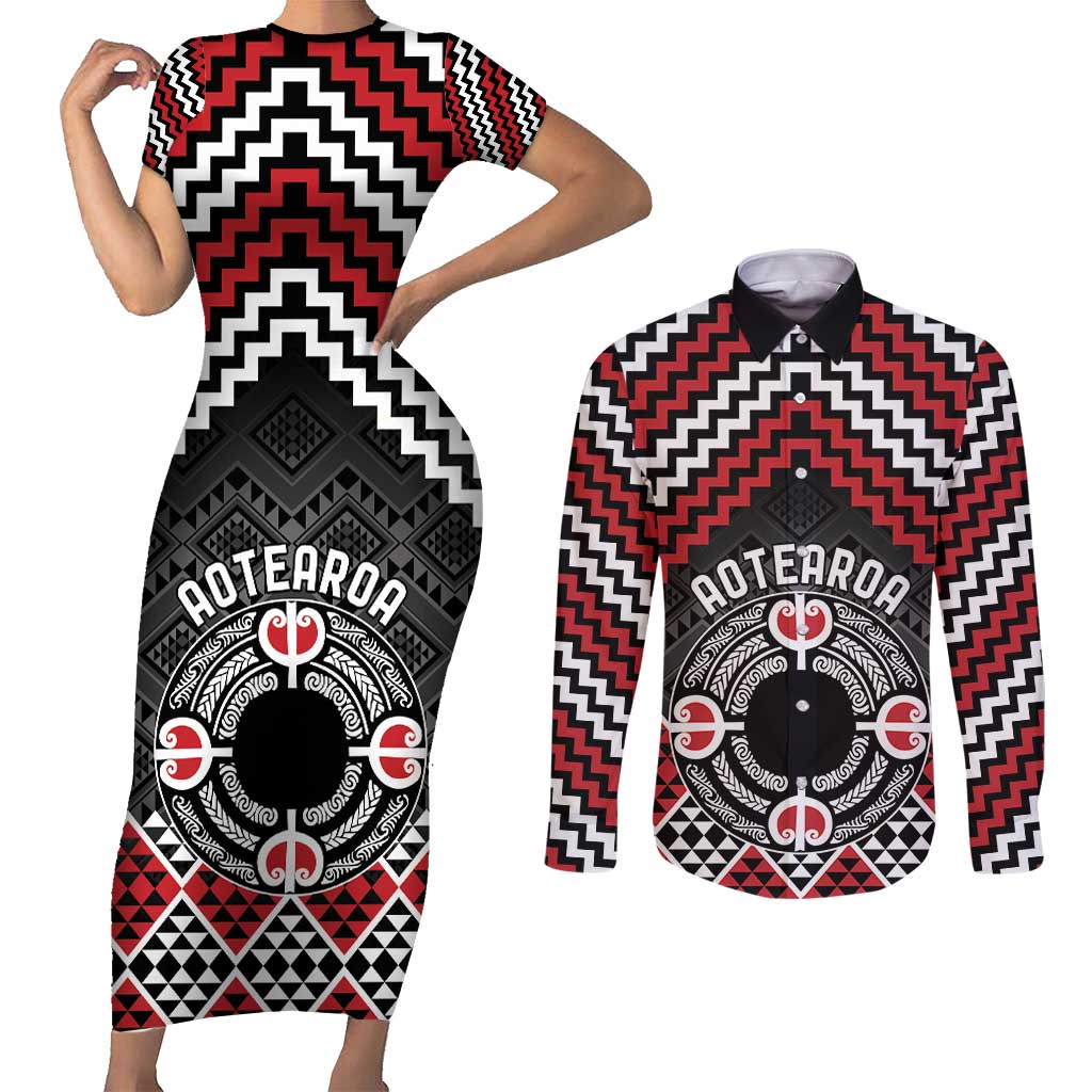 Personalised Aotearoa Niho Taniwha Motif Couples Matching Short Sleeve Bodycon Dress and Long Sleeve Button Shirt Red Style LT9 Red - Polynesian Pride
