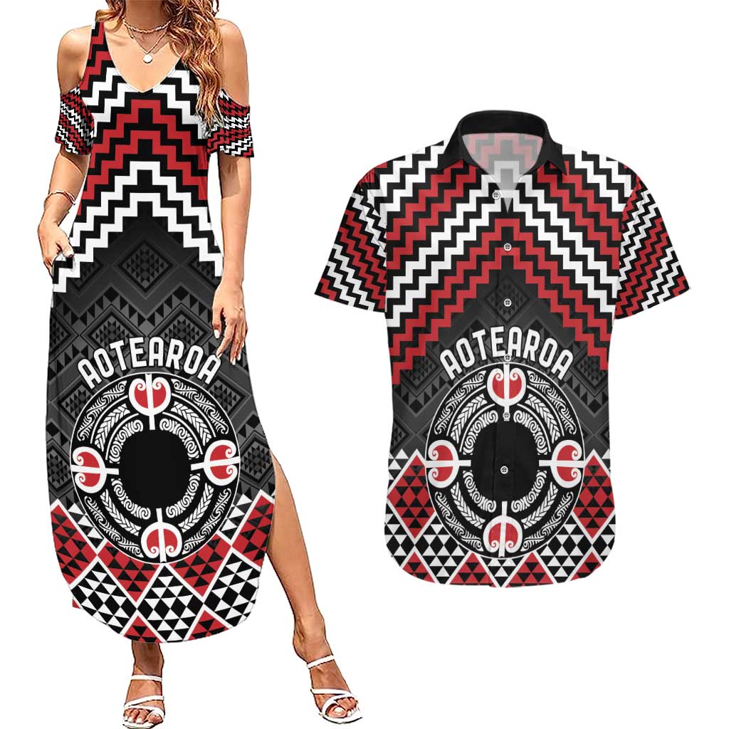 Personalised Aotearoa Niho Taniwha Motif Couples Matching Summer Maxi Dress and Hawaiian Shirt Red Style LT9 Red - Polynesian Pride