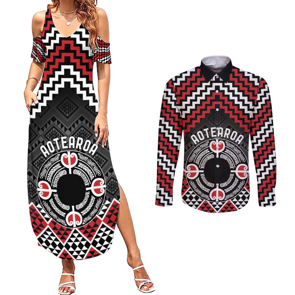 Personalised Aotearoa Niho Taniwha Motif Couples Matching Summer Maxi Dress and Long Sleeve Button Shirt Red Style LT9 Red - Polynesian Pride