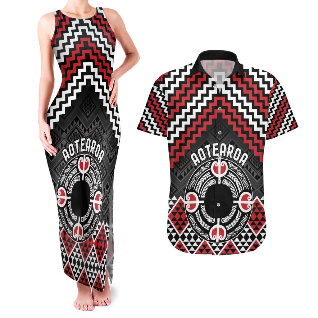 Personalised Aotearoa Niho Taniwha Motif Couples Matching Tank Maxi Dress and Hawaiian Shirt Red Style LT9 Red - Polynesian Pride