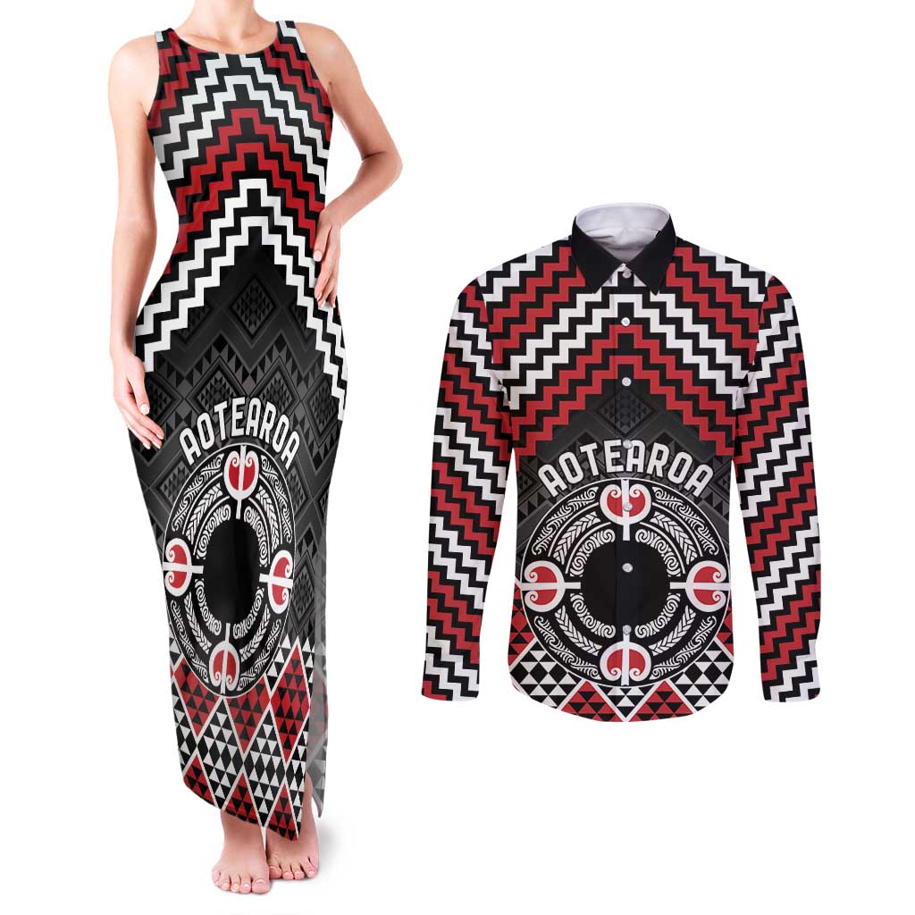 Personalised Aotearoa Niho Taniwha Motif Couples Matching Tank Maxi Dress and Long Sleeve Button Shirt Red Style LT9 Red - Polynesian Pride