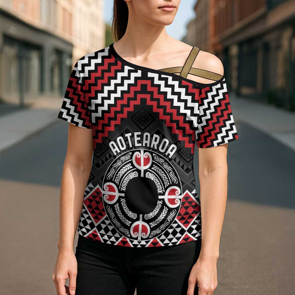Personalised Aotearoa Niho Taniwha Motif Cross Shoulder Shirt Red Style - Polynesian Pride