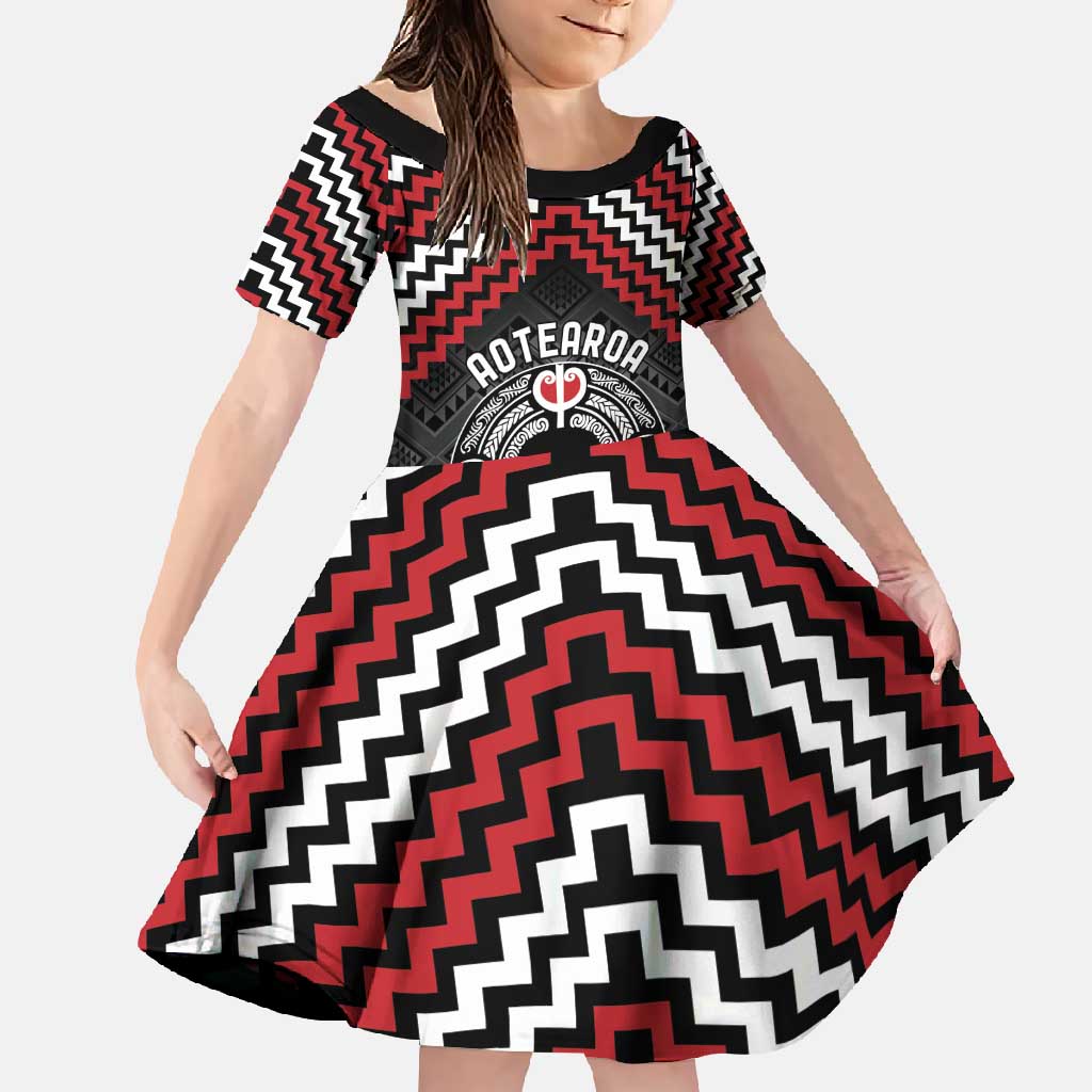 Personalised Aotearoa Niho Taniwha Motif Family Matching Long Sleeve Bodycon Dress and Hawaiian Shirt Red Style LT9 Daughter's Dress Red - Polynesian Pride