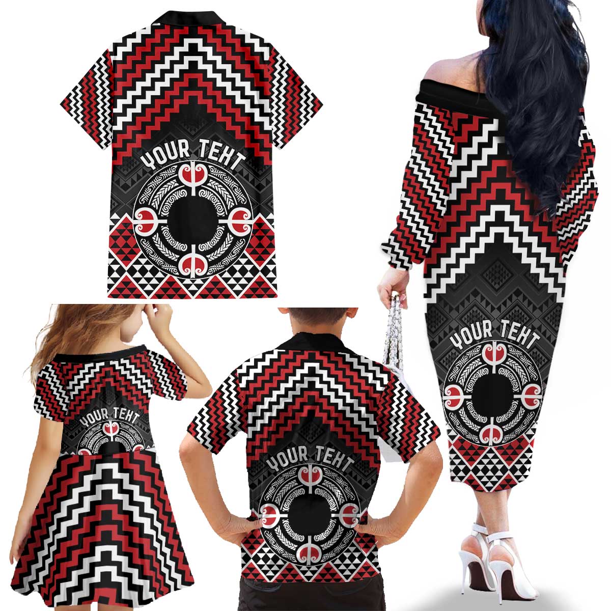 Personalised Aotearoa Niho Taniwha Motif Family Matching Off The Shoulder Long Sleeve Dress and Hawaiian Shirt Red Style LT9 - Polynesian Pride