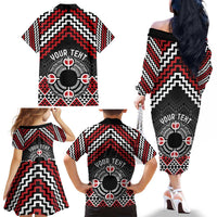 Personalised Aotearoa Niho Taniwha Motif Family Matching Off The Shoulder Long Sleeve Dress and Hawaiian Shirt Red Style LT9 - Polynesian Pride
