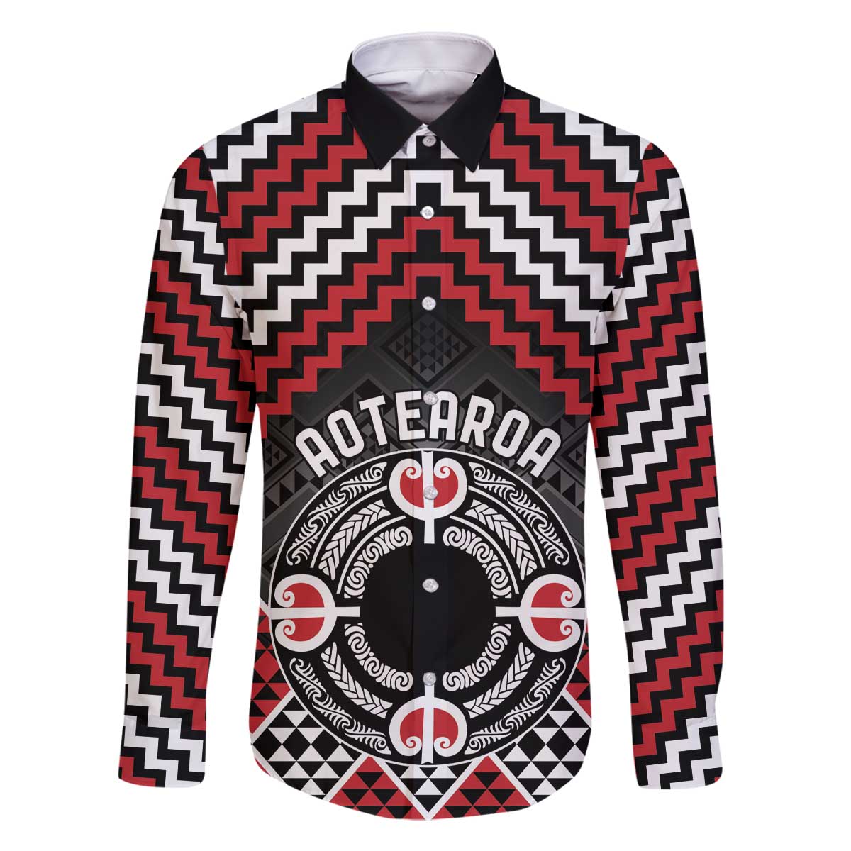 Personalised Aotearoa Niho Taniwha Motif Family Matching Off The Shoulder Long Sleeve Dress and Hawaiian Shirt Red Style LT9 Dad's Shirt - Long Sleeve Red - Polynesian Pride