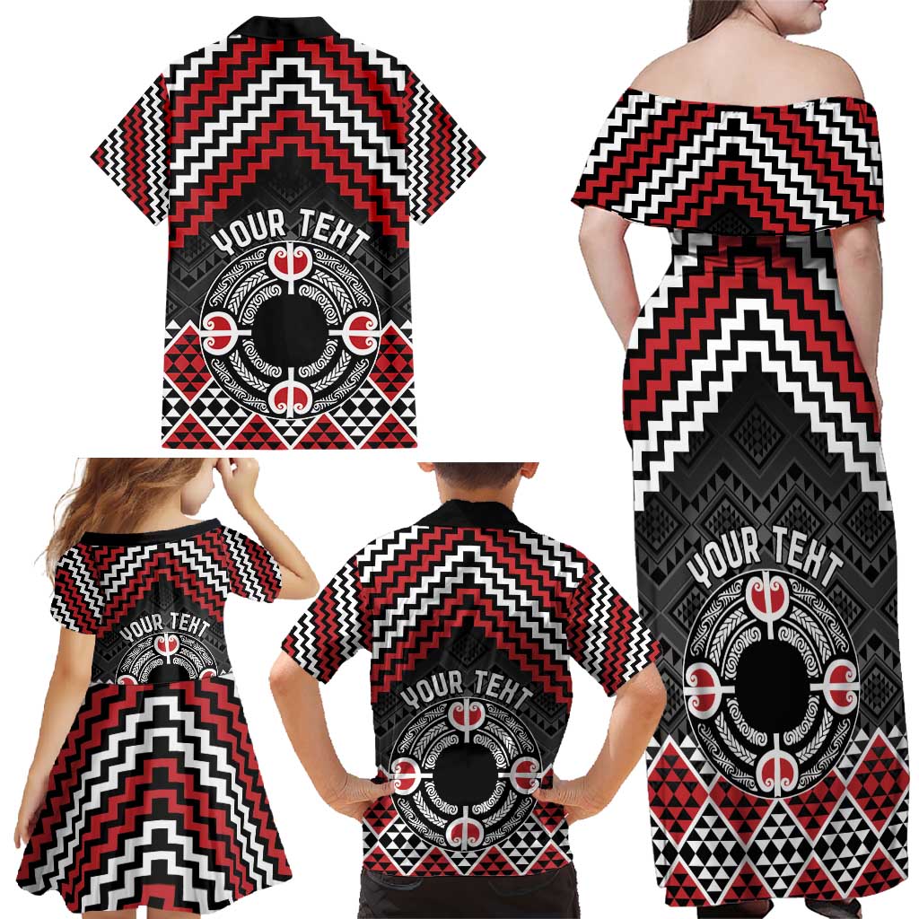 Personalised Aotearoa Niho Taniwha Motif Family Matching Off Shoulder Maxi Dress and Hawaiian Shirt Red Style LT9 - Polynesian Pride