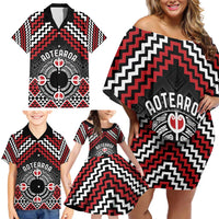 Personalised Aotearoa Niho Taniwha Motif Family Matching Off Shoulder Short Dress and Hawaiian Shirt Red Style LT9 - Polynesian Pride