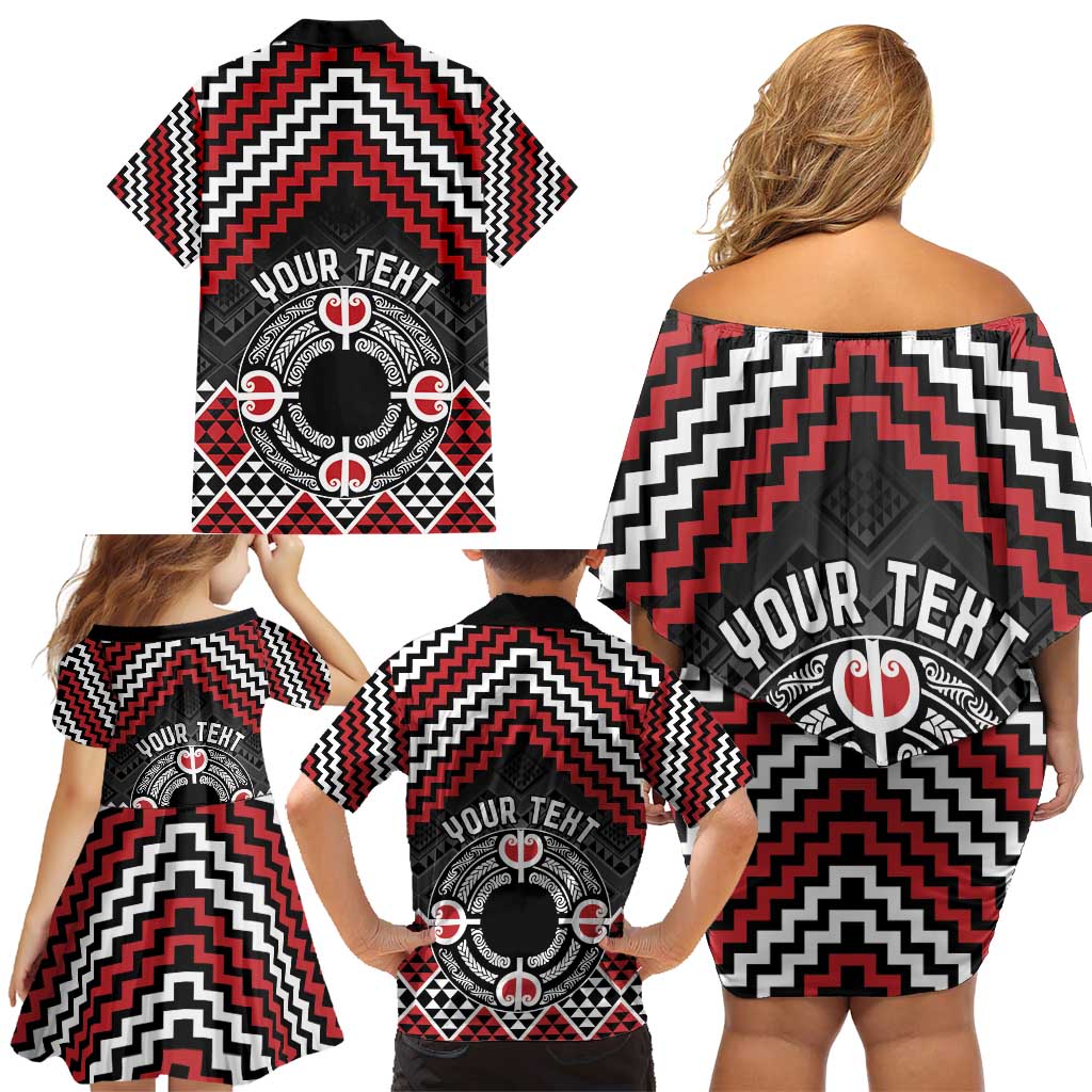 Personalised Aotearoa Niho Taniwha Motif Family Matching Off Shoulder Short Dress and Hawaiian Shirt Red Style LT9 - Polynesian Pride