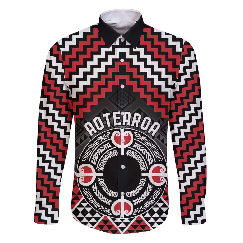 Personalised Aotearoa Niho Taniwha Motif Family Matching Puletasi and Hawaiian Shirt Red Style LT9 Dad's Shirt - Long Sleeve Red - Polynesian Pride
