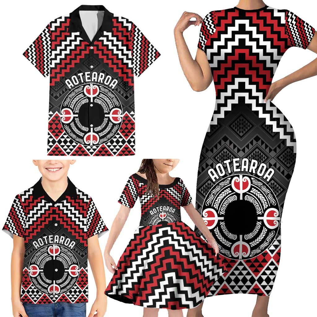 Personalised Aotearoa Niho Taniwha Motif Family Matching Short Sleeve Bodycon Dress and Hawaiian Shirt Red Style LT9 - Polynesian Pride