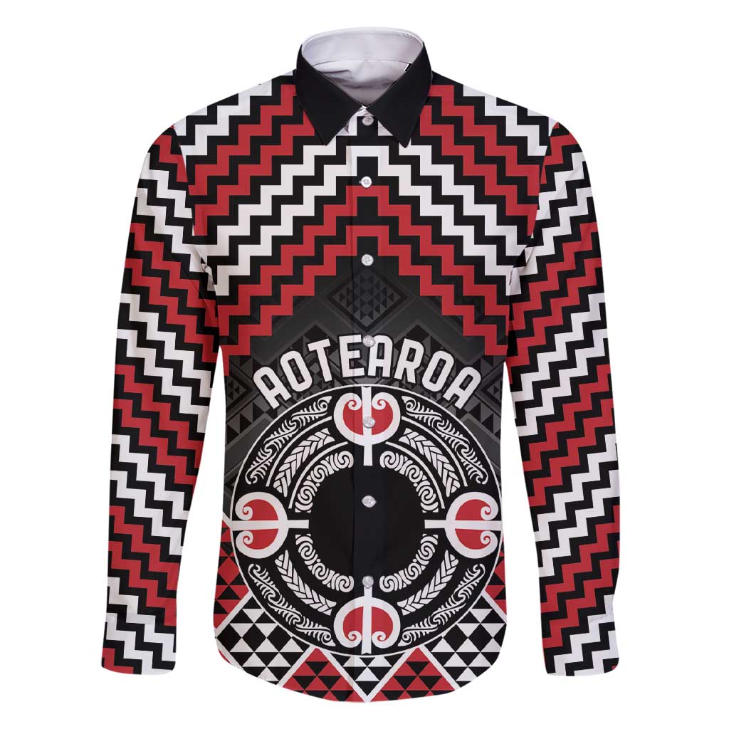 Personalised Aotearoa Niho Taniwha Motif Family Matching Short Sleeve Bodycon Dress and Hawaiian Shirt Red Style LT9 Dad's Shirt - Long Sleeve Red - Polynesian Pride