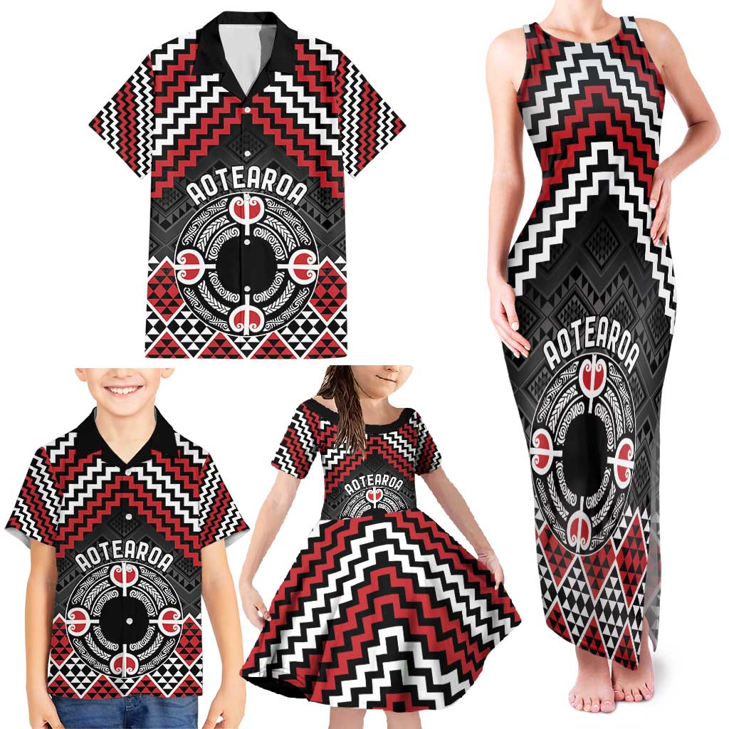 Personalised Aotearoa Niho Taniwha Motif Family Matching Tank Maxi Dress and Hawaiian Shirt Red Style LT9 - Polynesian Pride