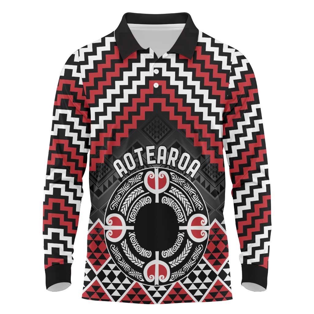 Personalised Aotearoa Niho Taniwha Motif Long Sleeve Polo Shirt Red Style LT9 Red - Polynesian Pride