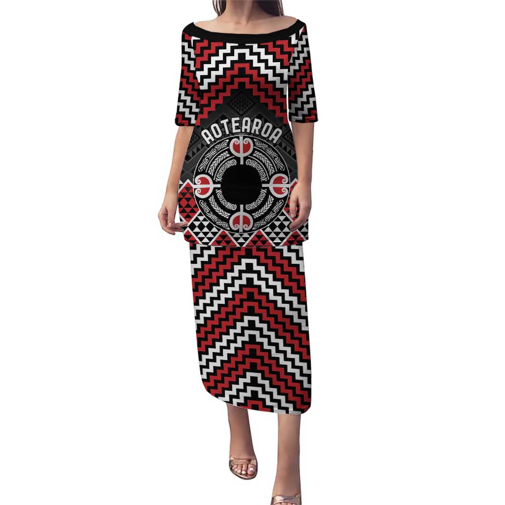 Personalised Aotearoa Niho Taniwha Motif Puletasi Red Style LT9 Long Dress Red - Polynesian Pride