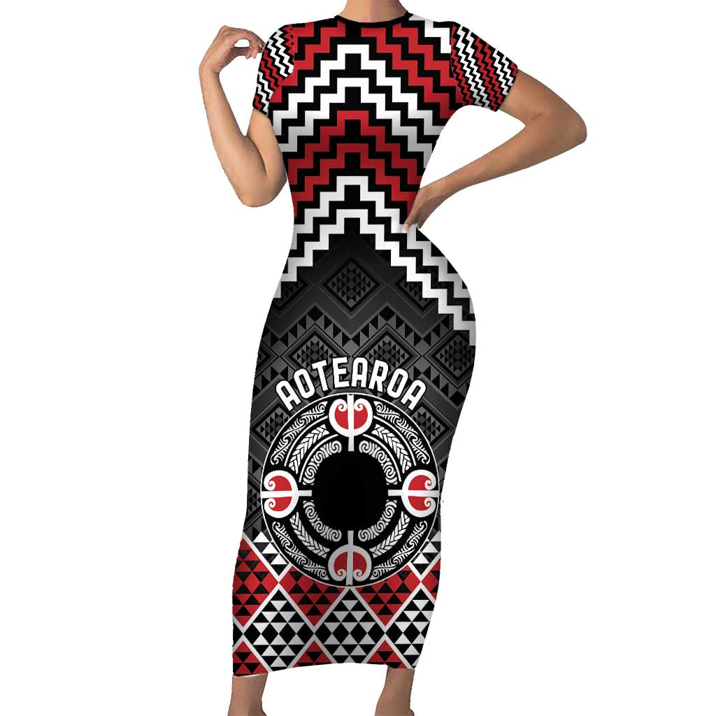 Personalised Aotearoa Niho Taniwha Motif Short Sleeve Bodycon Dress Red Style LT9 Long Dress Red - Polynesian Pride