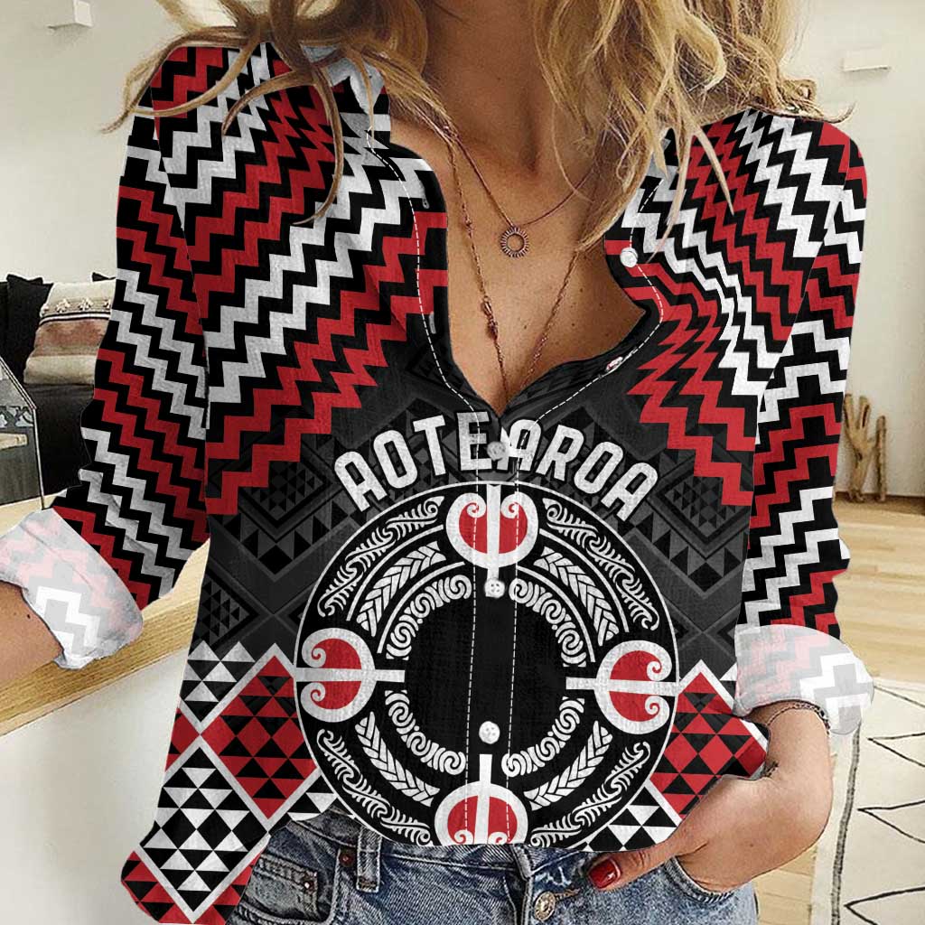 Personalised Aotearoa Niho Taniwha Motif Women Casual Shirt Red Style LT9 Female Red - Polynesian Pride