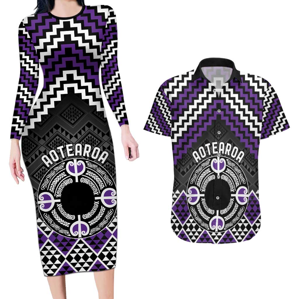 Personalised Aotearoa Niho Taniwha Motif Couples Matching Long Sleeve Bodycon Dress and Hawaiian Shirt Violet Style LT9 Violet - Polynesian Pride