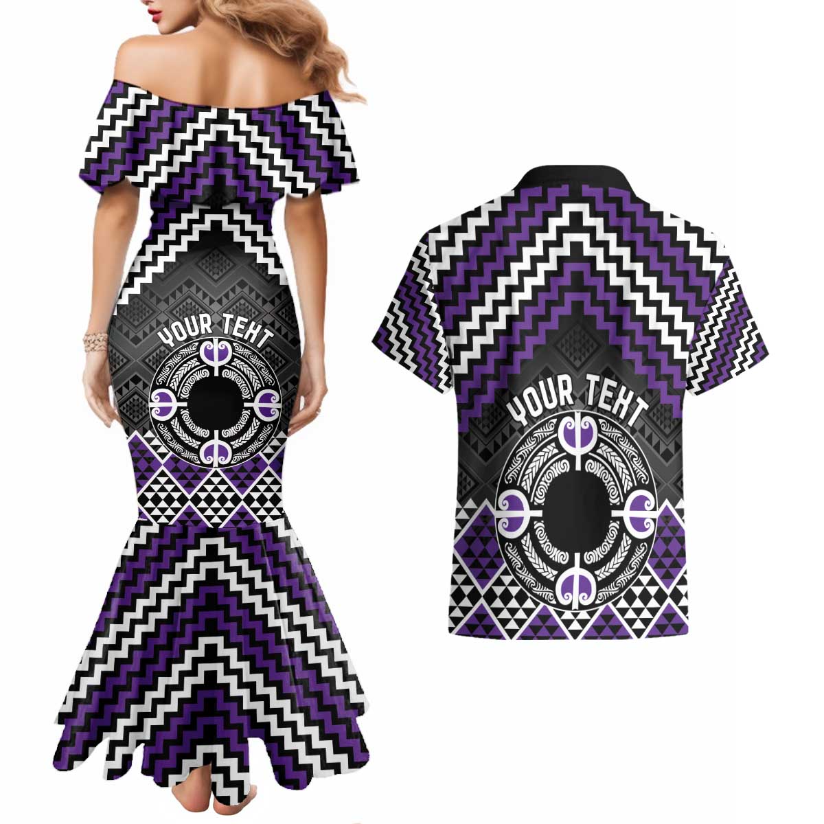 Personalised Aotearoa Niho Taniwha Motif Couples Matching Mermaid Dress and Hawaiian Shirt Violet Style LT9 - Polynesian Pride