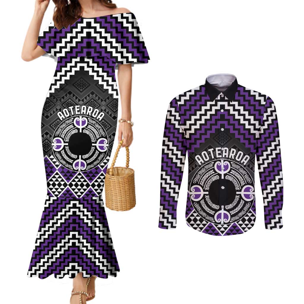 Personalised Aotearoa Niho Taniwha Motif Couples Matching Mermaid Dress and Long Sleeve Button Shirt Violet Style LT9 Violet - Polynesian Pride