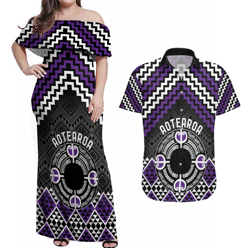 Personalised Aotearoa Niho Taniwha Motif Couples Matching Off Shoulder Maxi Dress and Hawaiian Shirt Violet Style LT9 Violet - Polynesian Pride