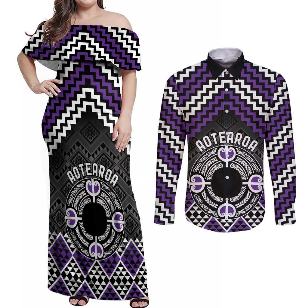 Personalised Aotearoa Niho Taniwha Motif Couples Matching Off Shoulder Maxi Dress and Long Sleeve Button Shirt Violet Style LT9 Violet - Polynesian Pride