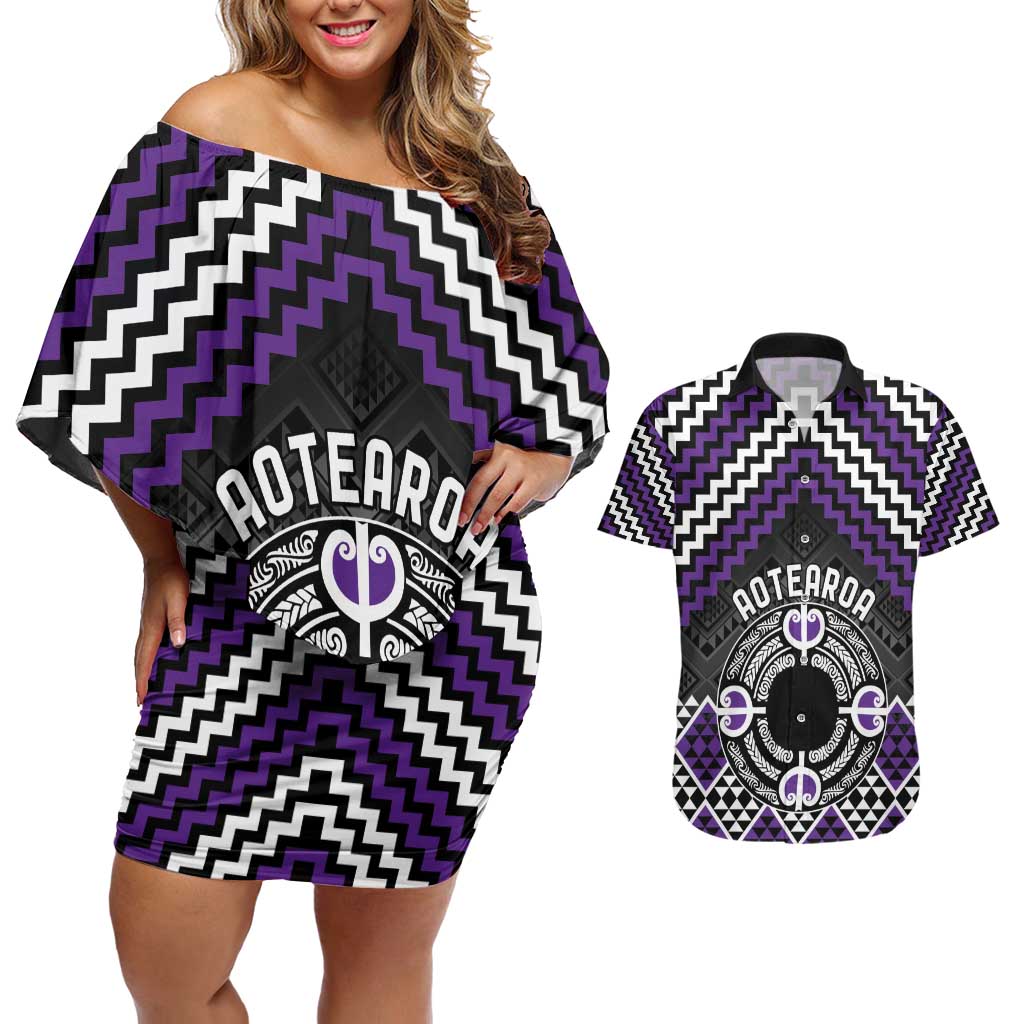 Personalised Aotearoa Niho Taniwha Motif Couples Matching Off Shoulder Short Dress and Hawaiian Shirt Violet Style LT9 Violet - Polynesian Pride