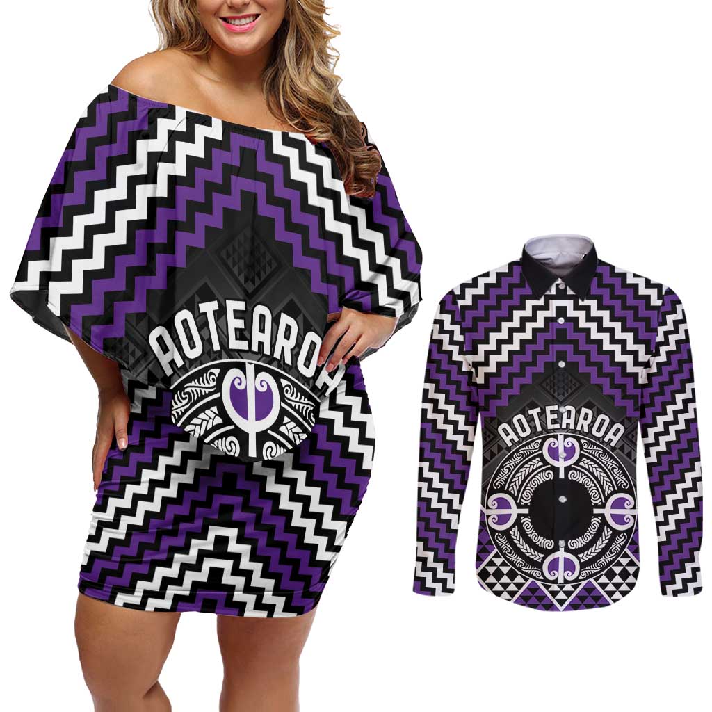Personalised Aotearoa Niho Taniwha Motif Couples Matching Off Shoulder Short Dress and Long Sleeve Button Shirt Violet Style LT9 Violet - Polynesian Pride