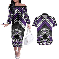 Personalised Aotearoa Niho Taniwha Motif Couples Matching Off The Shoulder Long Sleeve Dress and Hawaiian Shirt Violet Style LT9 Violet - Polynesian Pride
