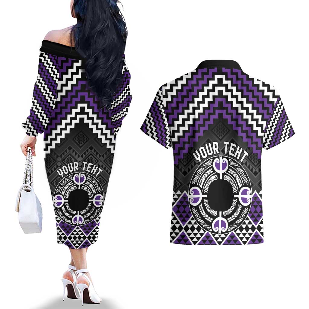 Personalised Aotearoa Niho Taniwha Motif Couples Matching Off The Shoulder Long Sleeve Dress and Hawaiian Shirt Violet Style LT9 - Polynesian Pride