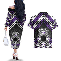 Personalised Aotearoa Niho Taniwha Motif Couples Matching Off The Shoulder Long Sleeve Dress and Hawaiian Shirt Violet Style LT9 - Polynesian Pride