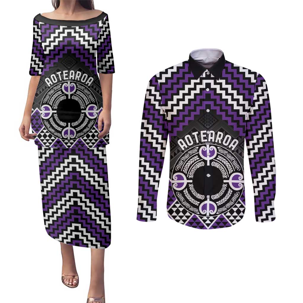 Personalised Aotearoa Niho Taniwha Motif Couples Matching Puletasi and Long Sleeve Button Shirt Violet Style LT9 Violet - Polynesian Pride