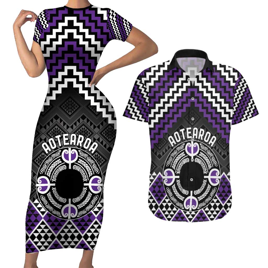 Personalised Aotearoa Niho Taniwha Motif Couples Matching Short Sleeve Bodycon Dress and Hawaiian Shirt Violet Style LT9 Violet - Polynesian Pride
