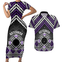Personalised Aotearoa Niho Taniwha Motif Couples Matching Short Sleeve Bodycon Dress and Hawaiian Shirt Violet Style LT9 Violet - Polynesian Pride