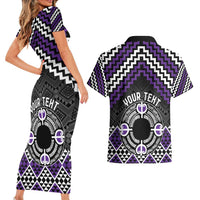 Personalised Aotearoa Niho Taniwha Motif Couples Matching Short Sleeve Bodycon Dress and Hawaiian Shirt Violet Style LT9 - Polynesian Pride