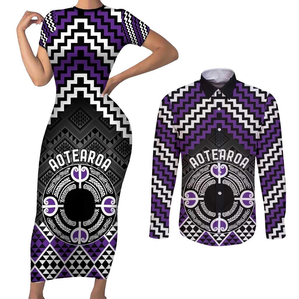 Personalised Aotearoa Niho Taniwha Motif Couples Matching Short Sleeve Bodycon Dress and Long Sleeve Button Shirt Violet Style LT9 Violet - Polynesian Pride