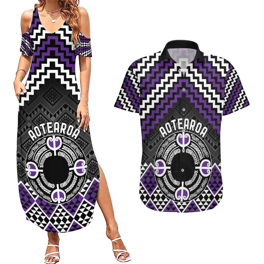 Personalised Aotearoa Niho Taniwha Motif Couples Matching Summer Maxi Dress and Hawaiian Shirt Violet Style LT9 Violet - Polynesian Pride