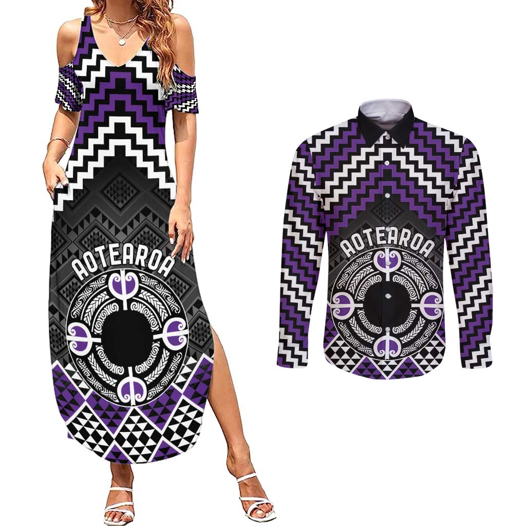 Personalised Aotearoa Niho Taniwha Motif Couples Matching Summer Maxi Dress and Long Sleeve Button Shirt Violet Style LT9 Violet - Polynesian Pride