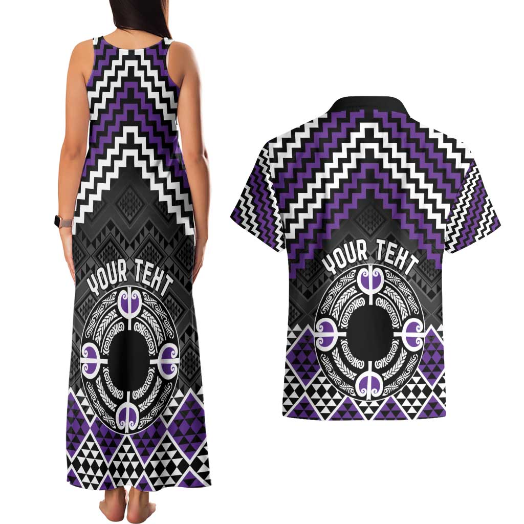 Personalised Aotearoa Niho Taniwha Motif Couples Matching Tank Maxi Dress and Hawaiian Shirt Violet Style LT9 - Polynesian Pride