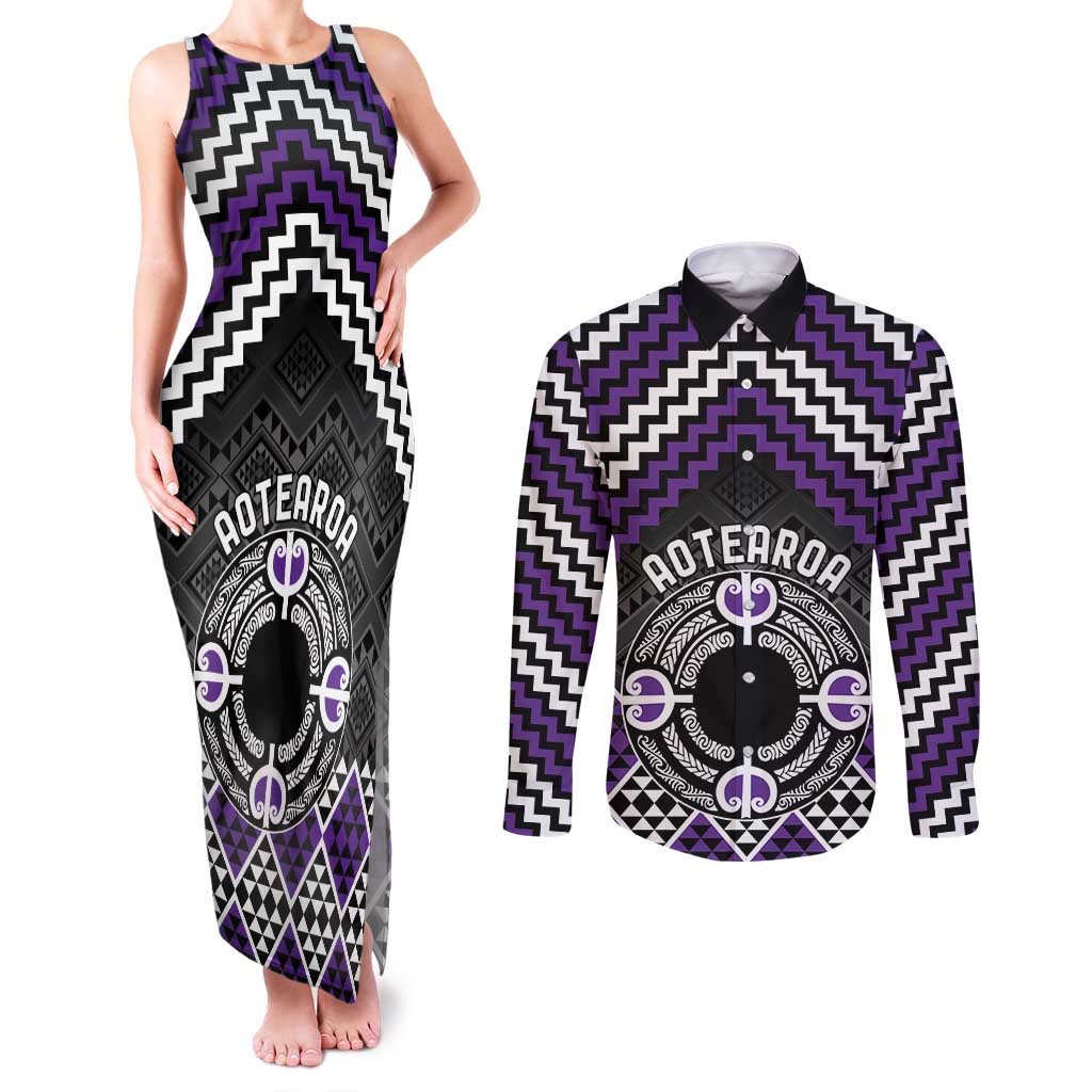 Personalised Aotearoa Niho Taniwha Motif Couples Matching Tank Maxi Dress and Long Sleeve Button Shirt Violet Style LT9 Violet - Polynesian Pride