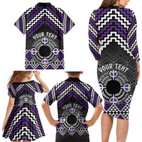 Personalised Aotearoa Niho Taniwha Motif Family Matching Long Sleeve Bodycon Dress and Hawaiian Shirt Violet Style LT9 - Polynesian Pride