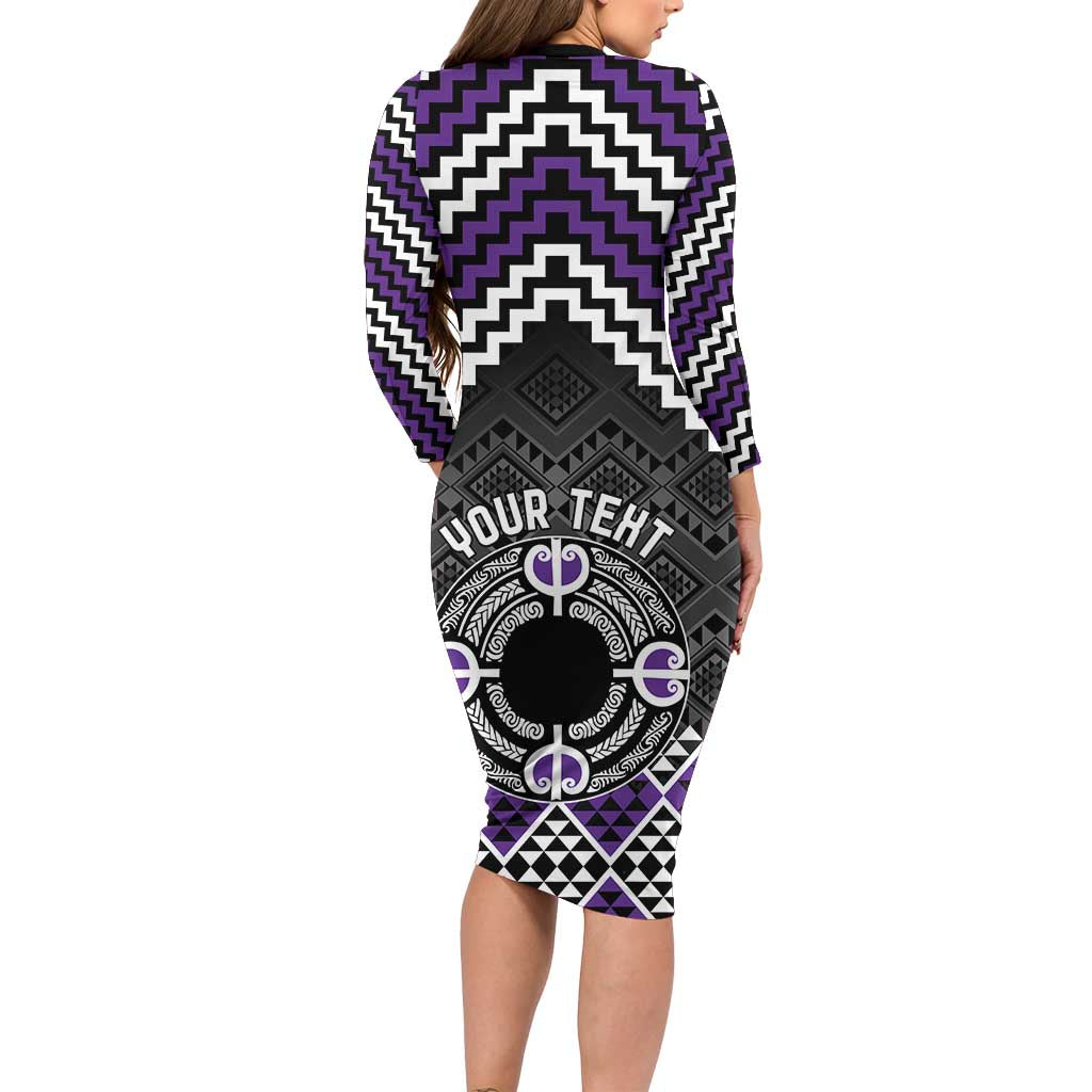 Personalised Aotearoa Niho Taniwha Motif Family Matching Long Sleeve Bodycon Dress and Hawaiian Shirt Violet Style LT9 - Polynesian Pride