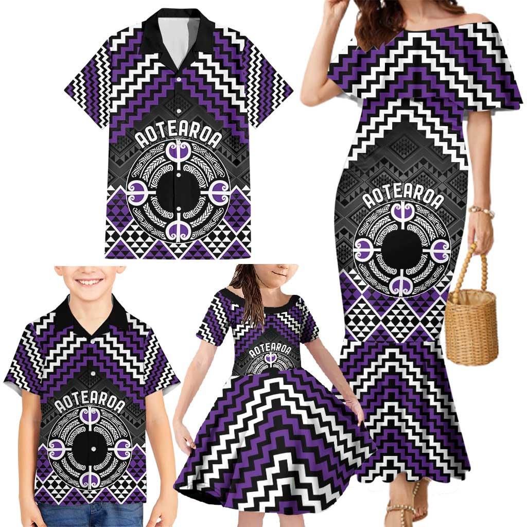 Personalised Aotearoa Niho Taniwha Motif Family Matching Mermaid Dress and Hawaiian Shirt Violet Style LT9 - Polynesian Pride