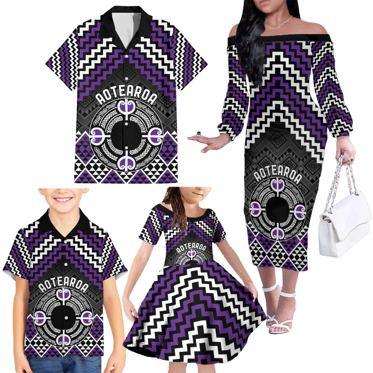 Personalised Aotearoa Niho Taniwha Motif Family Matching Off The Shoulder Long Sleeve Dress and Hawaiian Shirt Violet Style LT9 - Polynesian Pride